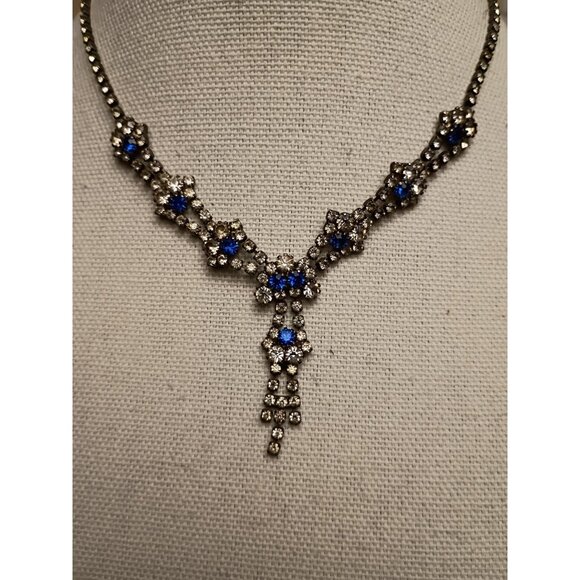 Vintage Sapphire Blue Clear Rhinestone Paste Choker Necklace Statement Cocktail - Picture 1 of 15